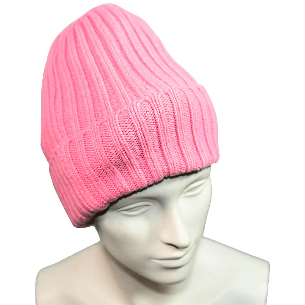 美麗諾羊毛帽粉色直條針織款,保暖防風